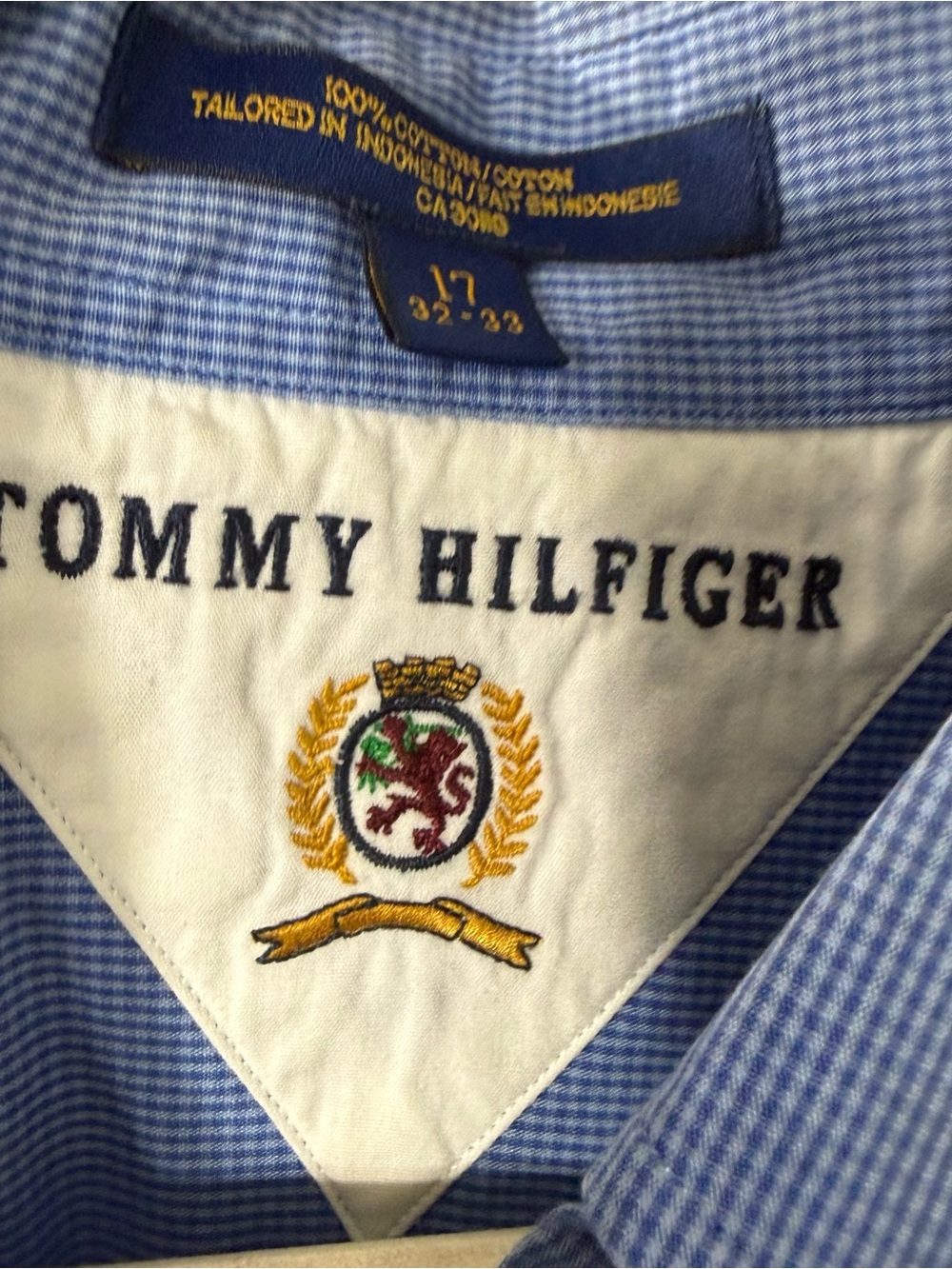 Tommy Hilfiger Men’s 17 32-33 Blue Micro Check Button Down Dress Shirt Cotton - Picture 3 of 8